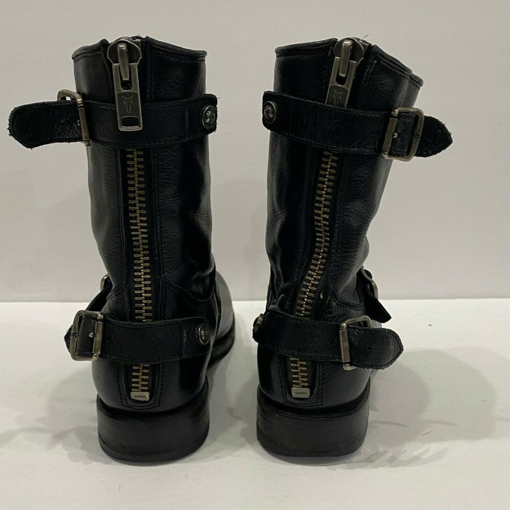 Frye Black Leather Moto Combat Boots with Buckle Strap - Picture 6 of 9